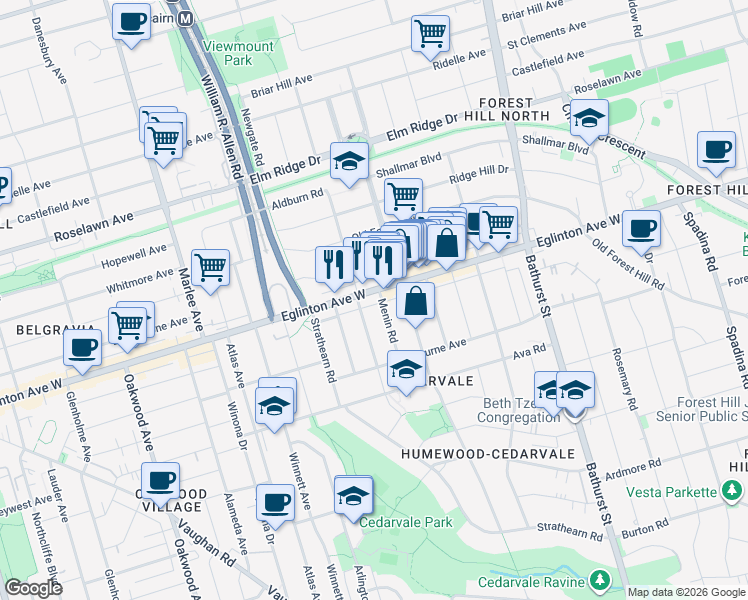 map of restaurants, bars, coffee shops, grocery stores, and more near 1035 Eglinton Avenue West in Toronto