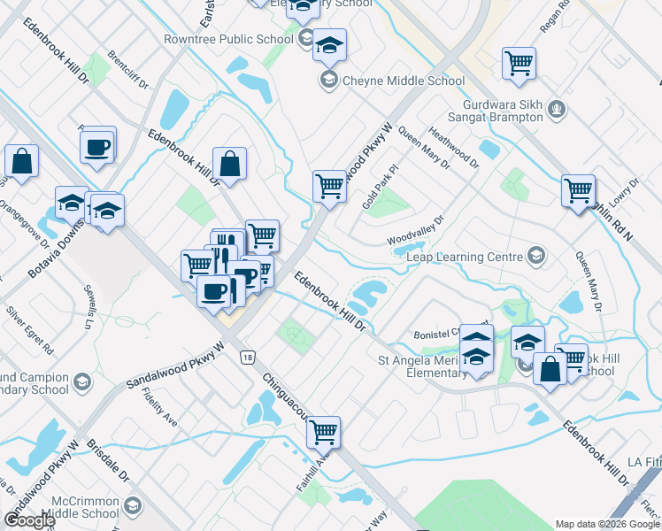 map of restaurants, bars, coffee shops, grocery stores, and more near in Brampton