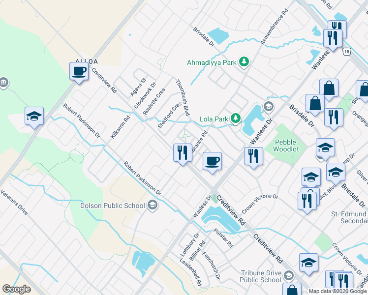 map of restaurants, bars, coffee shops, grocery stores, and more near 72 Volner Road in Brampton