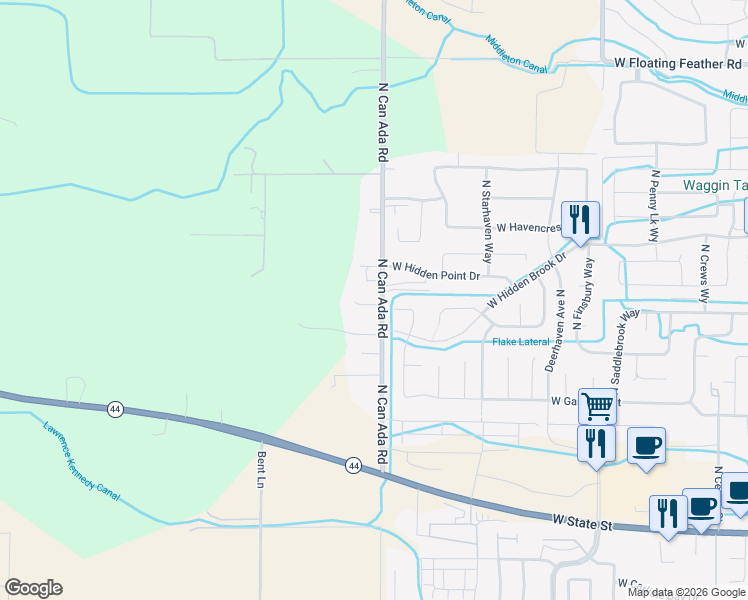 map of restaurants, bars, coffee shops, grocery stores, and more near 22451 North Can Ada Road in Star