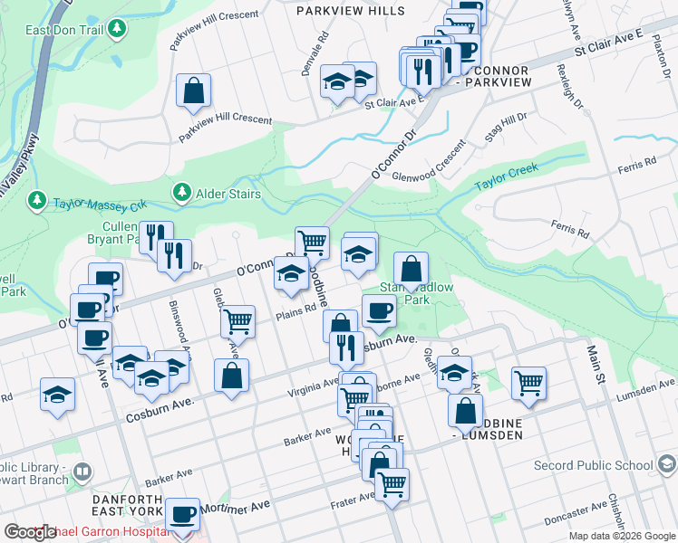 map of restaurants, bars, coffee shops, grocery stores, and more near in Toronto