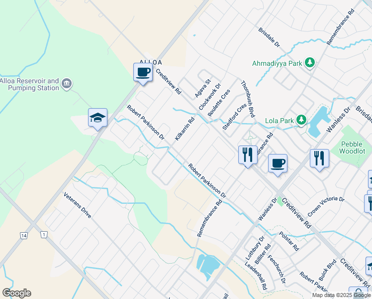 map of restaurants, bars, coffee shops, grocery stores, and more near 83 Enford Crescent in Brampton