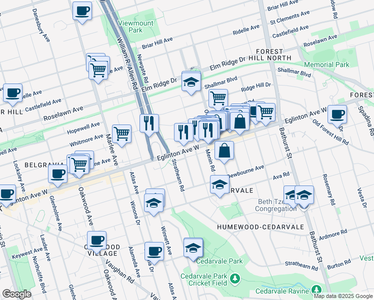 map of restaurants, bars, coffee shops, grocery stores, and more near 1188 Eglinton Avenue West in Toronto