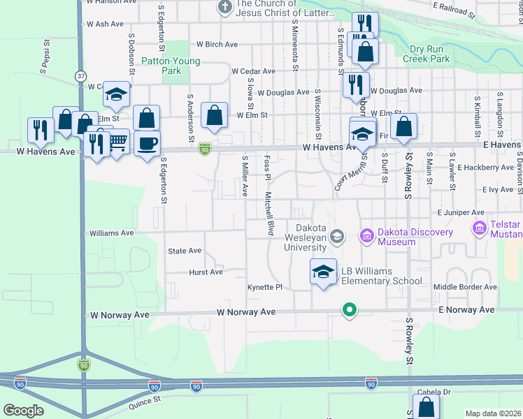 map of restaurants, bars, coffee shops, grocery stores, and more near 1111 Mitchell Boulevard in Mitchell