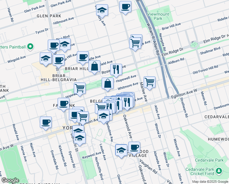 map of restaurants, bars, coffee shops, grocery stores, and more near 391 Whitmore Avenue in Toronto