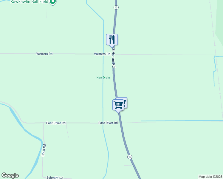 map of restaurants, bars, coffee shops, grocery stores, and more near 1372 South Huron Road in Kawkawlin