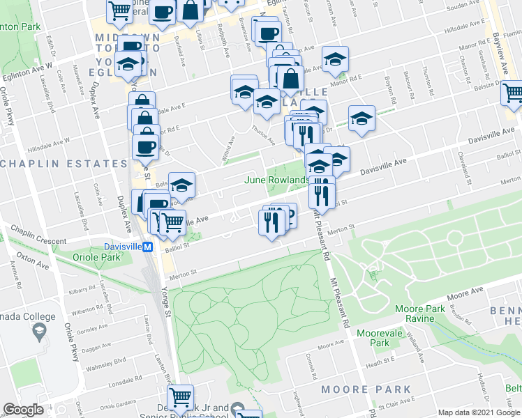 map of restaurants, bars, coffee shops, grocery stores, and more near 200 Balliol Street in Toronto