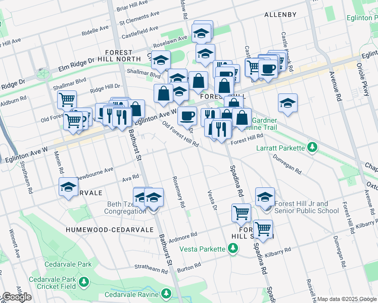 map of restaurants, bars, coffee shops, grocery stores, and more near 5 Dewbourne Avenue in Toronto
