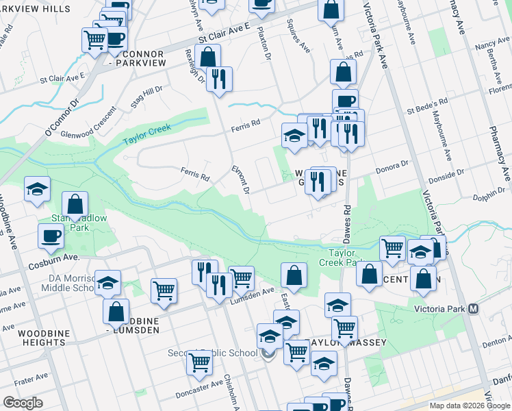 map of restaurants, bars, coffee shops, grocery stores, and more near 5 Elmont Drive in Toronto