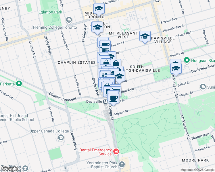 map of restaurants, bars, coffee shops, grocery stores, and more near 1953 Yonge Street in Toronto