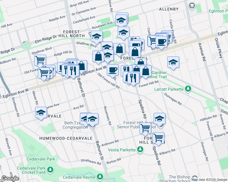 map of restaurants, bars, coffee shops, grocery stores, and more near 5 Dewbourne Avenue in Toronto