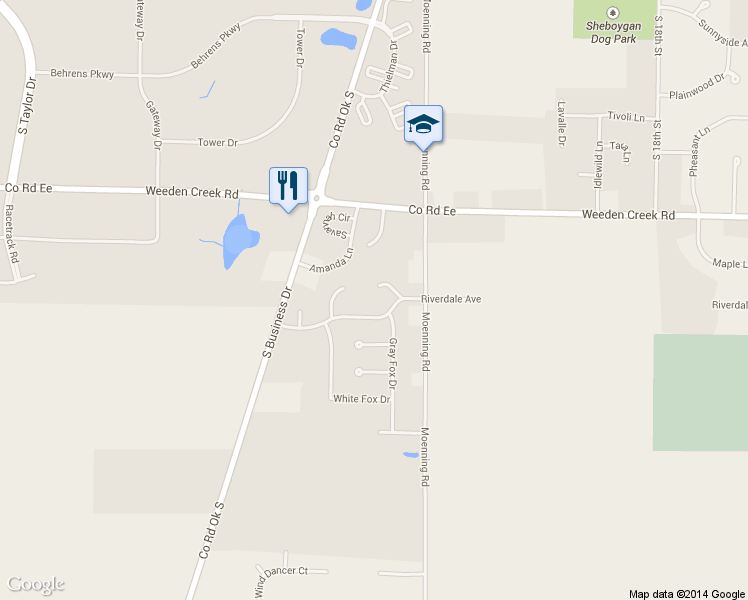 map of restaurants, bars, coffee shops, grocery stores, and more near 2557 Fox Ridge Ct in Sheboygan