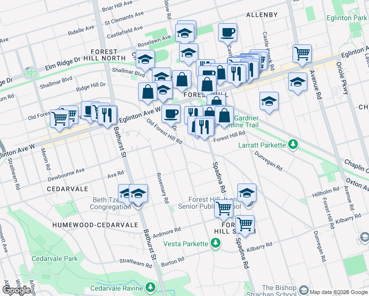 map of restaurants, bars, coffee shops, grocery stores, and more near in Toronto