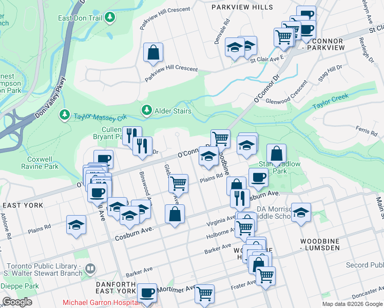 map of restaurants, bars, coffee shops, grocery stores, and more near 655 O'Connor Drive in Toronto