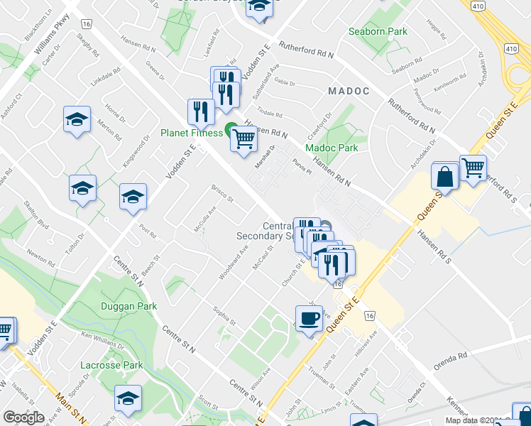 map of restaurants, bars, coffee shops, grocery stores, and more near 106 Woodward Avenue in Brampton