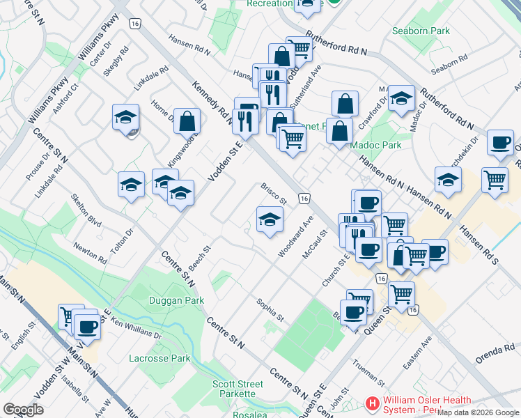 map of restaurants, bars, coffee shops, grocery stores, and more near 37 Edgemont Drive in Brampton