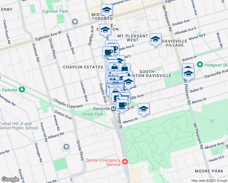 map of restaurants, bars, coffee shops, grocery stores, and more near 1954 Yonge Street in Toronto