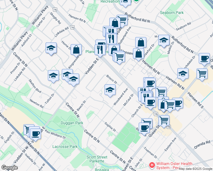 map of restaurants, bars, coffee shops, grocery stores, and more near in Brampton