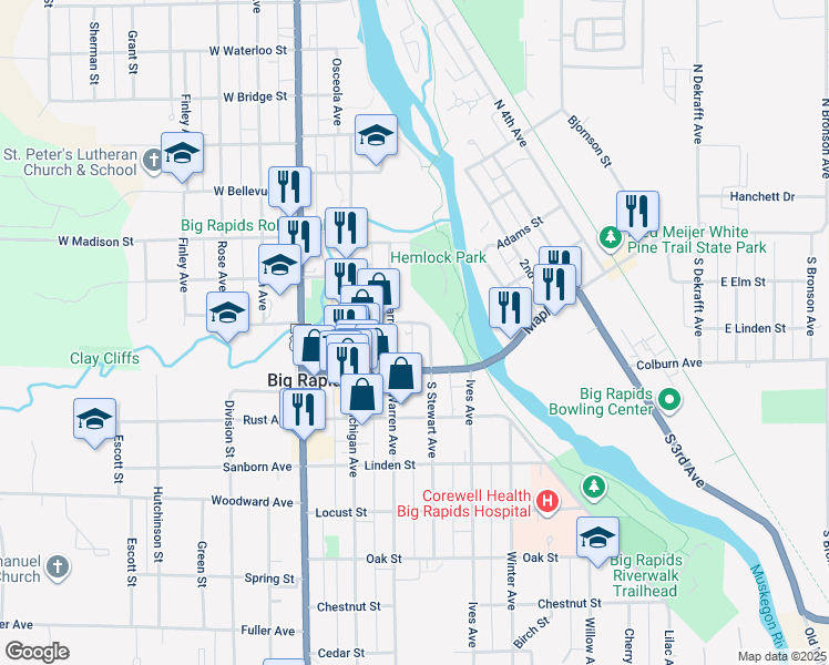map of restaurants, bars, coffee shops, grocery stores, and more near 129 North Stewart Street in Big Rapids