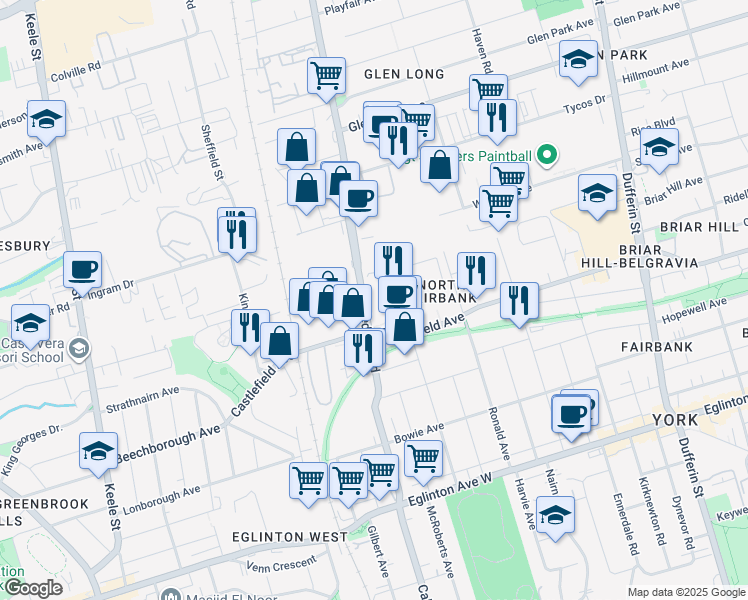 map of restaurants, bars, coffee shops, grocery stores, and more near 1300 Castlefield Avenue in Toronto