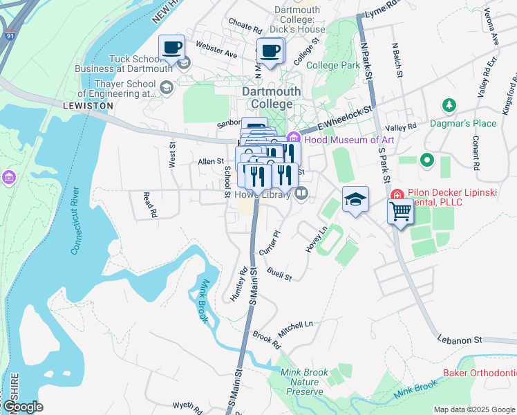 map of restaurants, bars, coffee shops, grocery stores, and more near 80 North Main Street in Hanover
