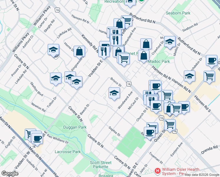 map of restaurants, bars, coffee shops, grocery stores, and more near 37 Edgemont Drive in Brampton