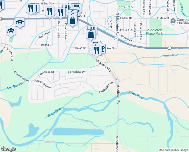 map of restaurants, bars, coffee shops, grocery stores, and more near Alpine Lake Street in Middleton