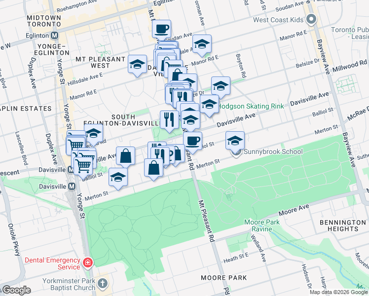 map of restaurants, bars, coffee shops, grocery stores, and more near 300 Balliol Street in Toronto