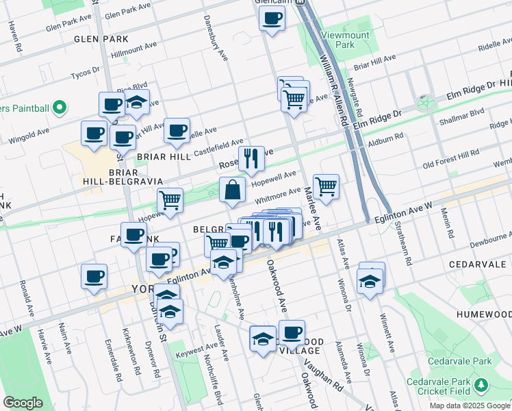 map of restaurants, bars, coffee shops, grocery stores, and more near 381 Whitmore Avenue in Toronto