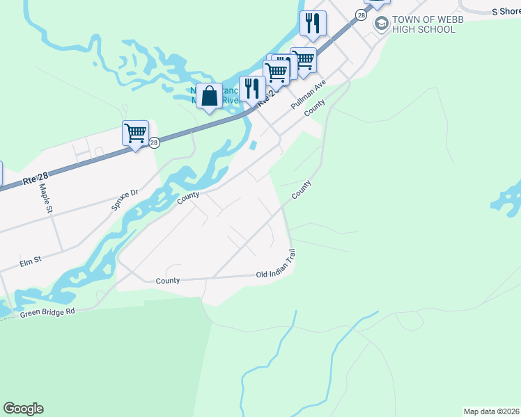map of restaurants, bars, coffee shops, grocery stores, and more near 109 Long View East in Old Forge