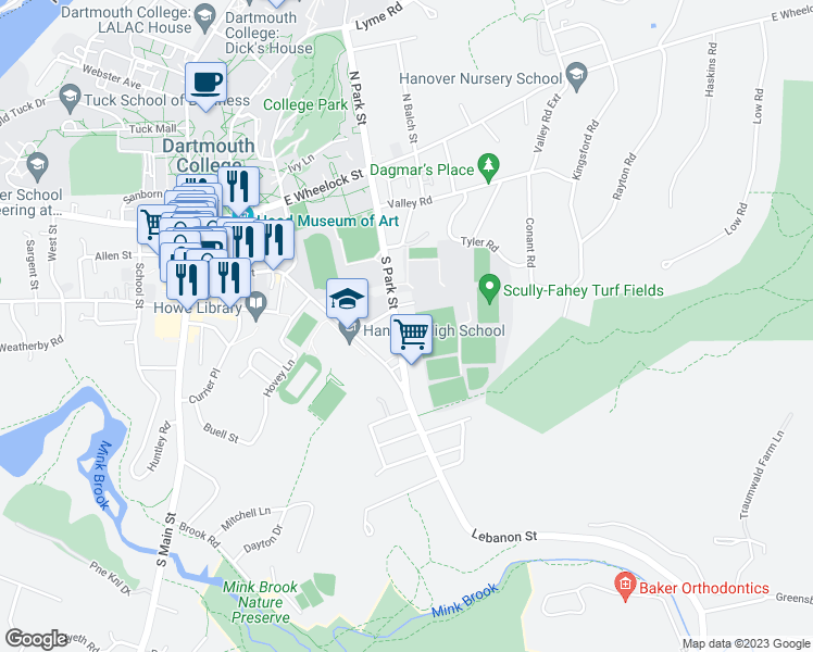 map of restaurants, bars, coffee shops, grocery stores, and more near 35 South Park Street in Hanover