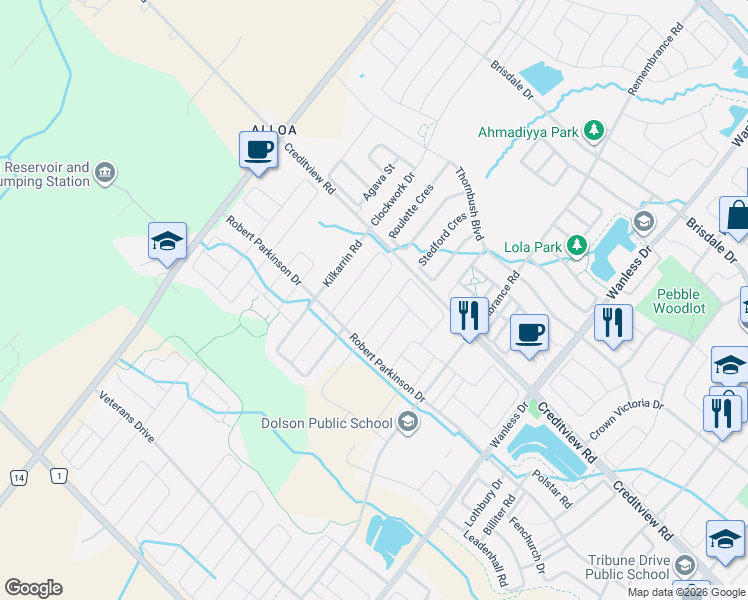 map of restaurants, bars, coffee shops, grocery stores, and more near 26 Enford Crescent in Brampton