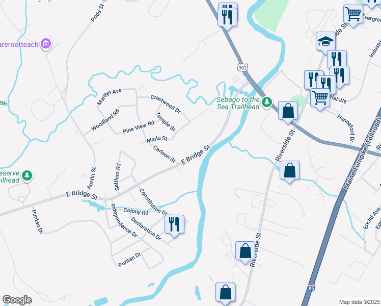 map of restaurants, bars, coffee shops, grocery stores, and more near 664 East Bridge Street in Westbrook