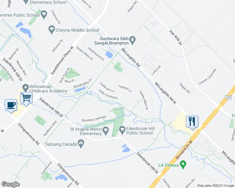 map of restaurants, bars, coffee shops, grocery stores, and more near 59 Lormel Gate in Brampton