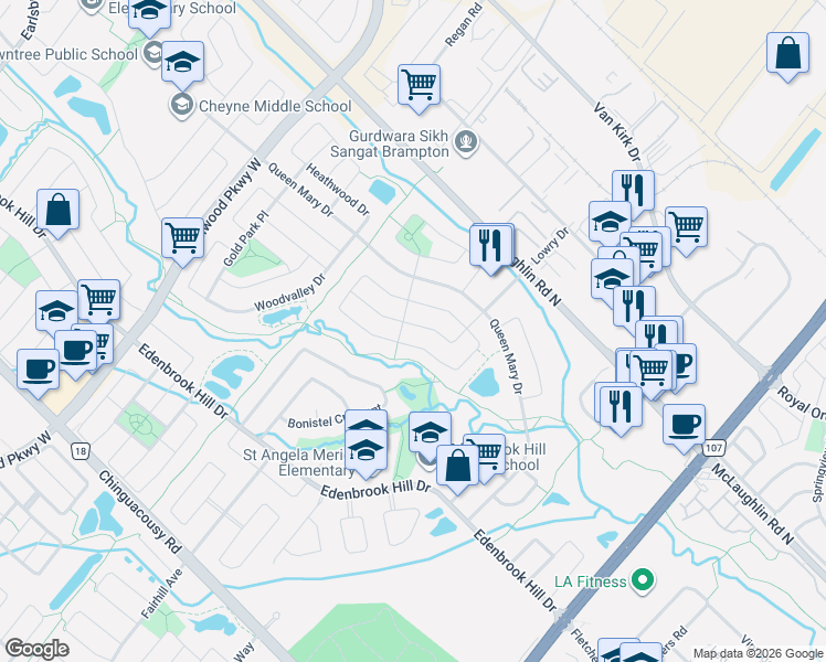 map of restaurants, bars, coffee shops, grocery stores, and more near 59 Lormel Gate in Brampton
