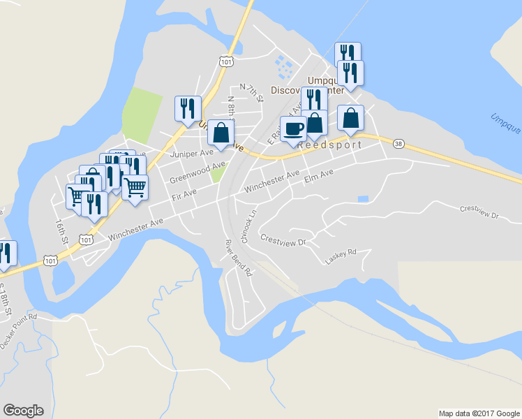 map of restaurants, bars, coffee shops, grocery stores, and more near 740 Elm Avenue in Reedsport