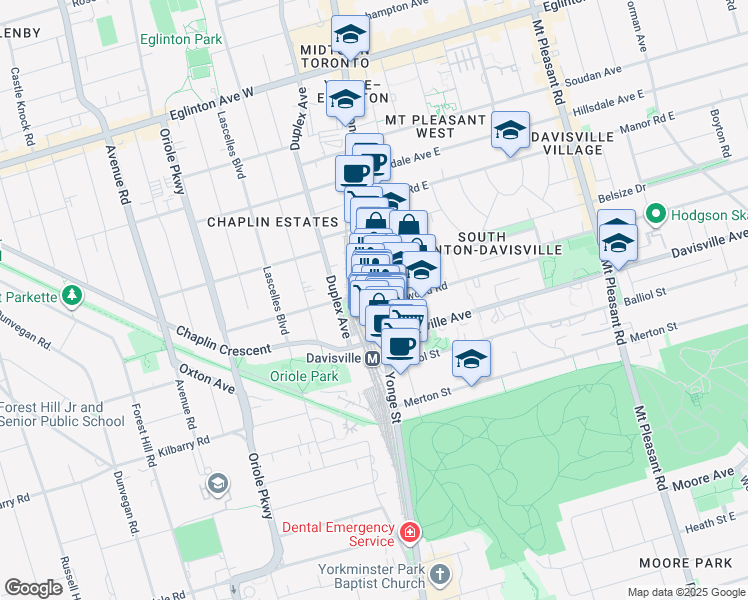 map of restaurants, bars, coffee shops, grocery stores, and more near 1962 Yonge Street in Toronto