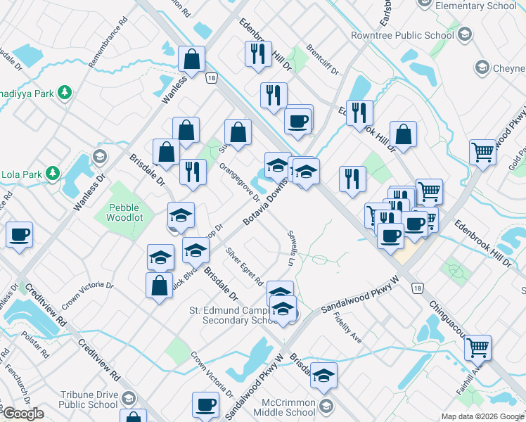 map of restaurants, bars, coffee shops, grocery stores, and more near 42 Botavia Downs Drive in Brampton