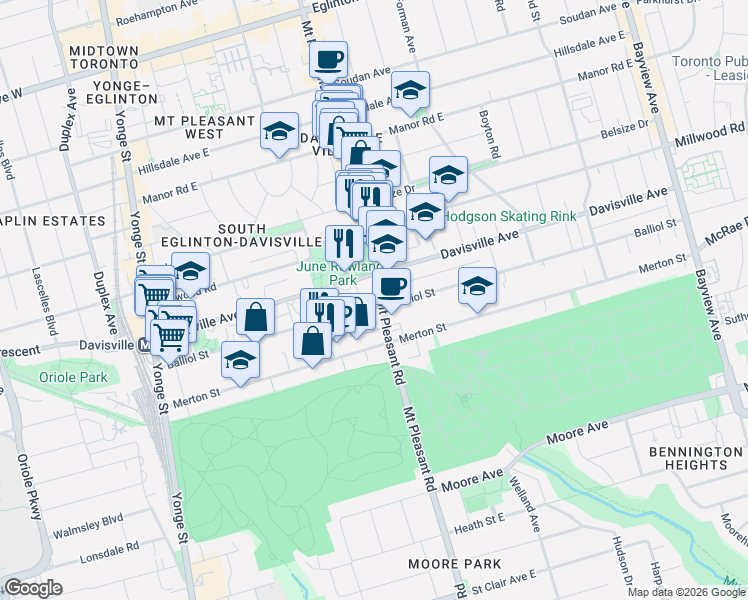 map of restaurants, bars, coffee shops, grocery stores, and more near 300 Balliol Street in Toronto