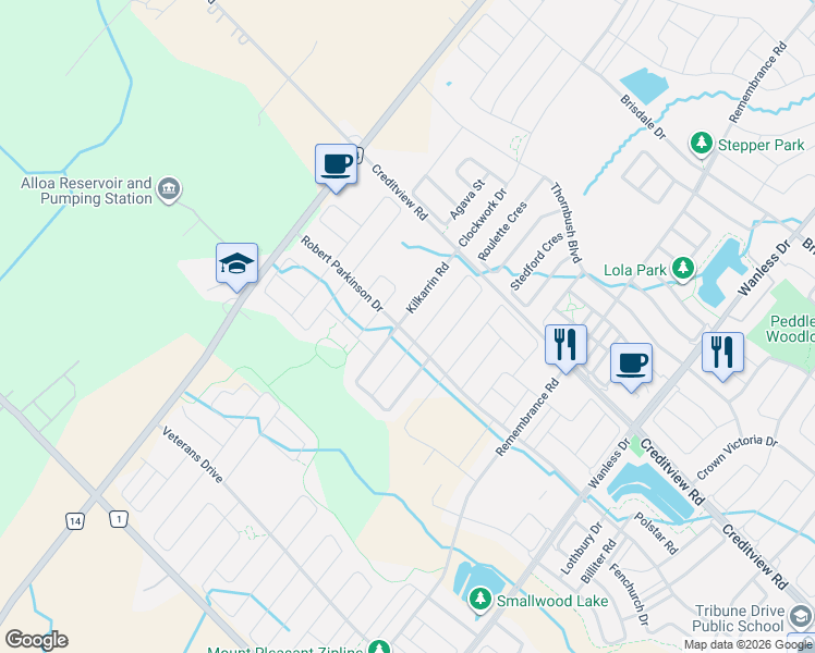 map of restaurants, bars, coffee shops, grocery stores, and more near 354 Robert Parkinson Drive in Brampton