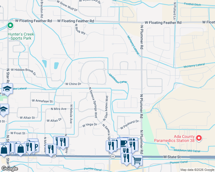 map of restaurants, bars, coffee shops, grocery stores, and more near 10023 West Chino Drive in Star