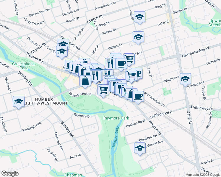 map of restaurants, bars, coffee shops, grocery stores, and more near 1821 Weston Road in Toronto