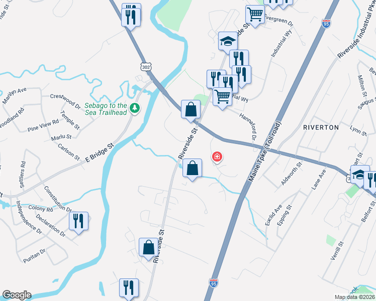 map of restaurants, bars, coffee shops, grocery stores, and more near 705 Riverside Street in Portland