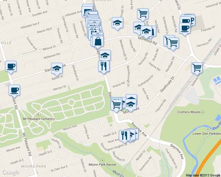 map of restaurants, bars, coffee shops, grocery stores, and more near in Toronto