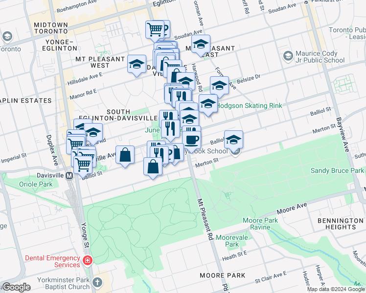 map of restaurants, bars, coffee shops, grocery stores, and more near in Toronto