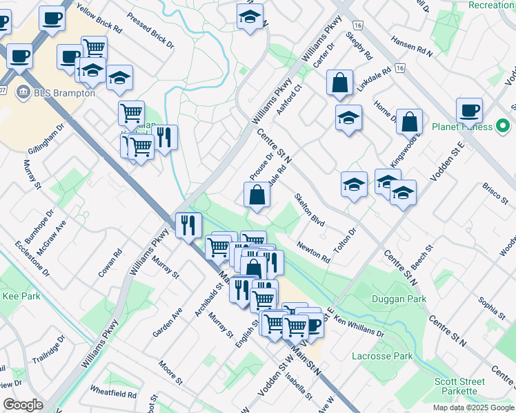 map of restaurants, bars, coffee shops, grocery stores, and more near in Brampton