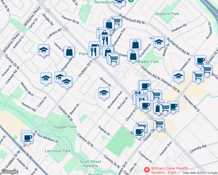 map of restaurants, bars, coffee shops, grocery stores, and more near 5 Brisco Street in Brampton