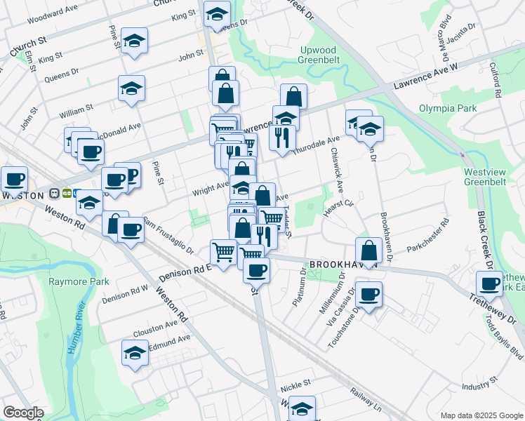 map of restaurants, bars, coffee shops, grocery stores, and more near 23 Harding Avenue in Toronto