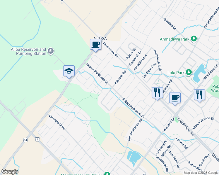 map of restaurants, bars, coffee shops, grocery stores, and more near 354 Robert Parkinson Drive in Brampton