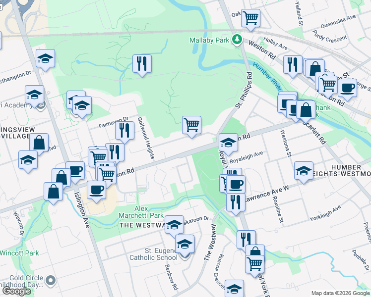 map of restaurants, bars, coffee shops, grocery stores, and more near 130 Dixon Road in Toronto
